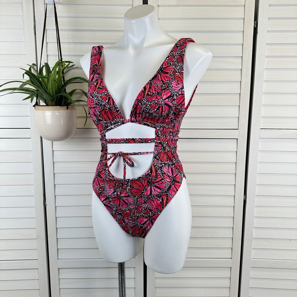 New Toluca Vitality Nicola One Piece Swimsuit Pink Red Butterfly Cheeky Tie Sz L